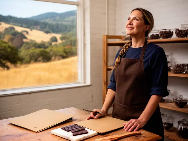 Woman in brown apron stands at a wooden table with folders and chocolate bars, looking toward a sunny golden hillside window